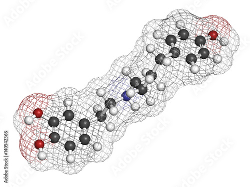 Dobutamine sympathomimetic drug molecule. 3D rendering. Atoms are represented as spheres with conventional color coding: hydrogen (white), carbon (grey), nitrogen (blue), oxygen (red). photo