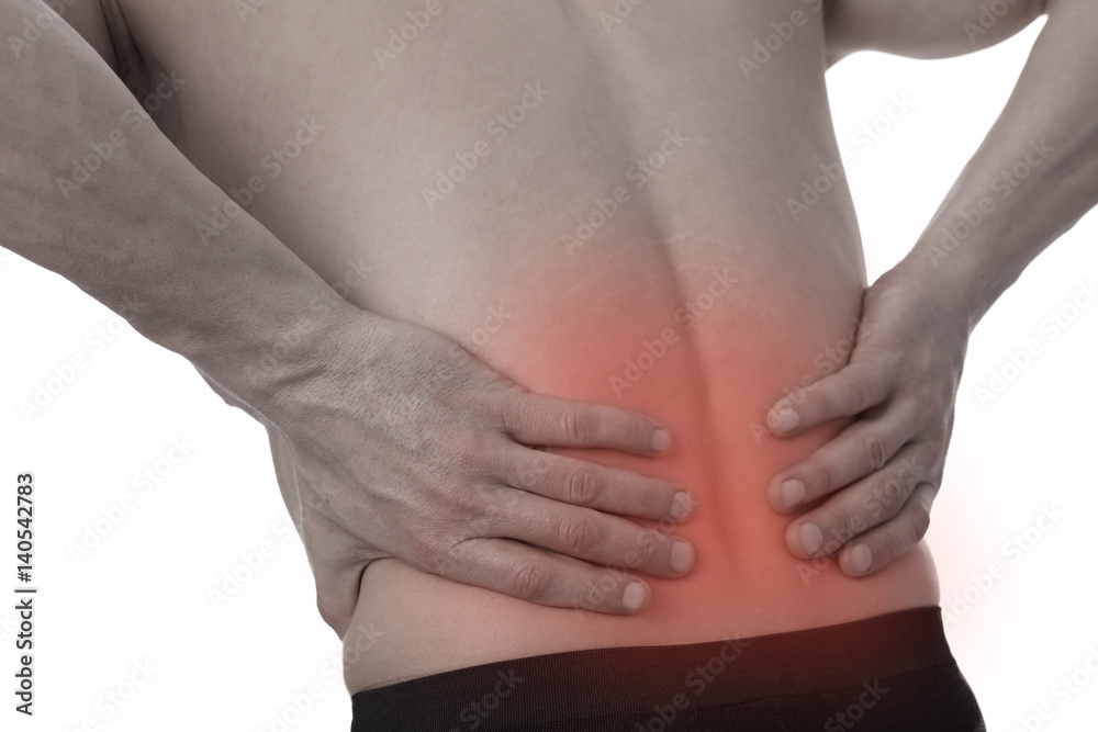 Sport injury, Man with back pain. Pain relief and health care concept isolated on white.