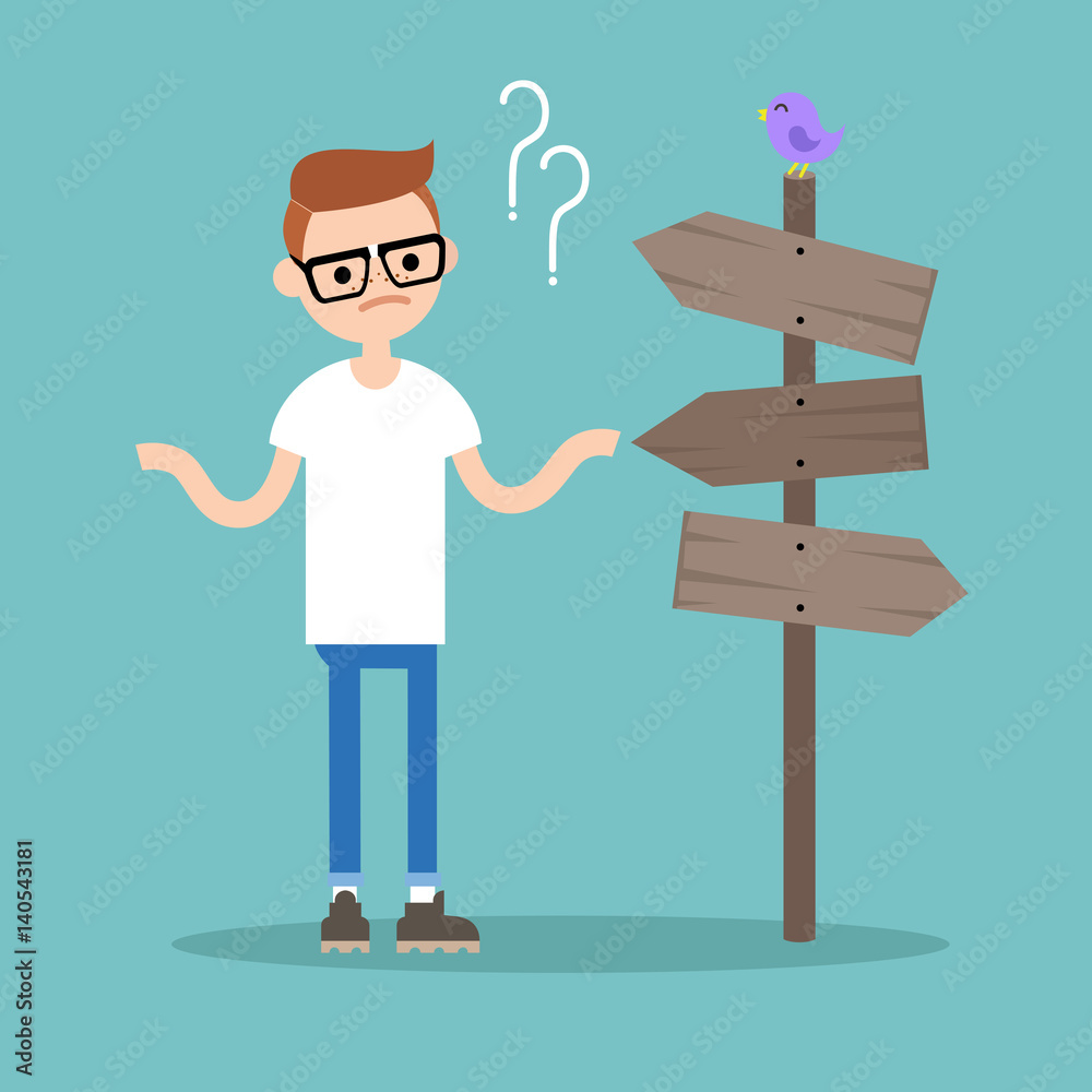 Young concerned nerd trying to find the right direction / editable flat vector illustration, clip art Young concerned nerd trying to find the right direction / editable flat vector illustration, clip art