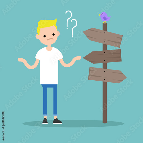 Young concerned blonde boy trying to find the right direction / editable flat vector illustration, clip art