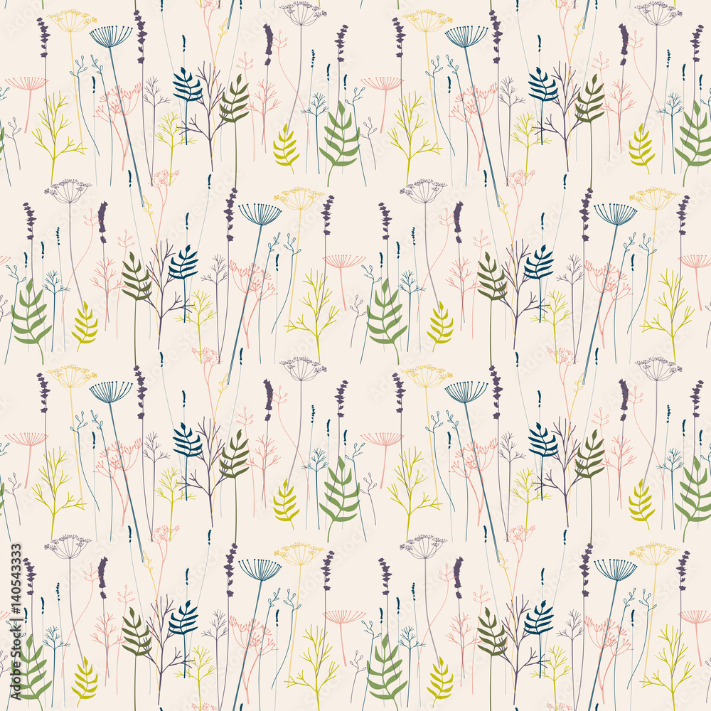 Vector floral seamless pattern with hand drawn herbs and meadow flowers ...