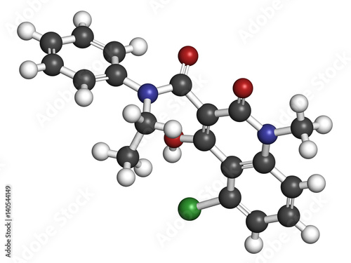 Laquinimod multiple sclerosis drug molecule. 3D rendering. Atoms are represented as spheres with conventional color coding.