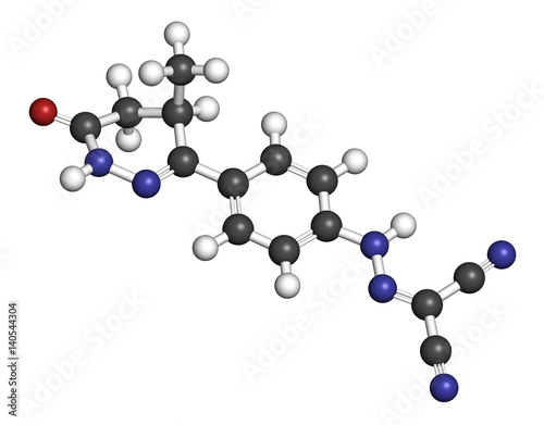 Levosimendan heart failure drug molecule. 3D rendering. Atoms are represented as spheres with conventional color coding: hydrogen (white), carbon (grey), nitrogen (blue), oxygen (red).