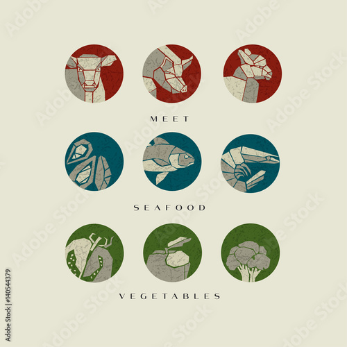 Vintage style food icon vector illustration. Meat vegetable and seafood pictograms for restaurant menu.