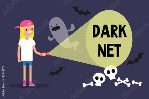Conceptual illustration. Young blond girl exploring the Darknet / cartoon style editable flat illustration, clip art
