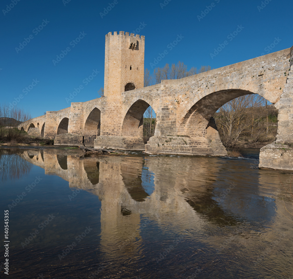 Medieval bridge over Ebro river in the ancient city of Frias, Burgos, Spain.