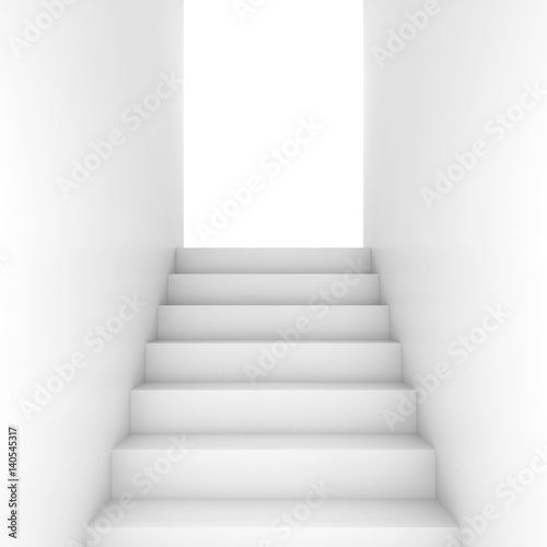 White stairway goes up to glowing door