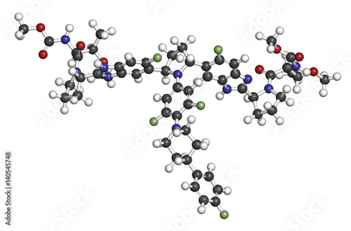 Pibrentasvir hepatitis C virus drug molecule. 3D rendering. Atoms are represented as spheres with conventional color coding.