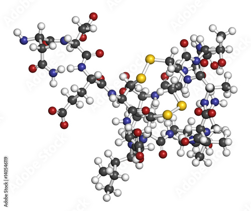 Plecanatide chronic idiopathic constipation drug molecule. 3D rendering. Atoms are represented as spheres with conventional color coding. photo