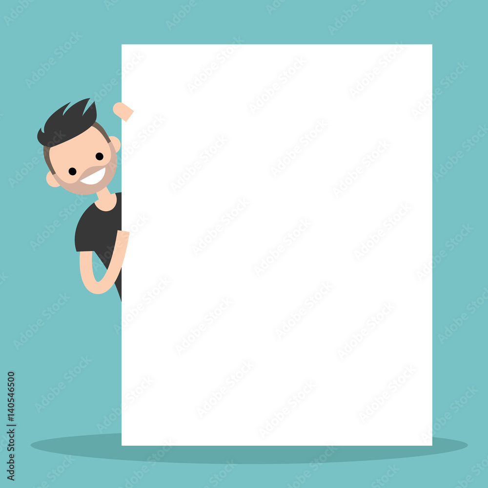 Bearded man peeping from behind a blank board mock up / Copy space. Your text here. Editable flat vector illustration, clip art Bearded man peeping from behind a blank board mock up / Copy space. Your text here. Editable flat vector illustration, clip art