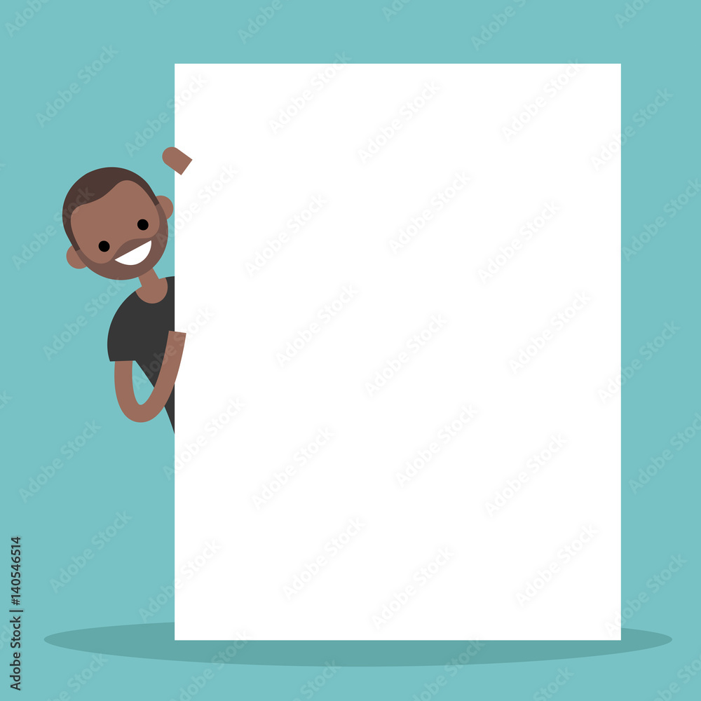 Black man peeping from behind a blank board mock up / Copy space. Your text here. Editable flat vector illustration, clip art Black man peeping from behind a blank board mock up / Copy space. Your text here. Editable flat vector illustration, clip art
