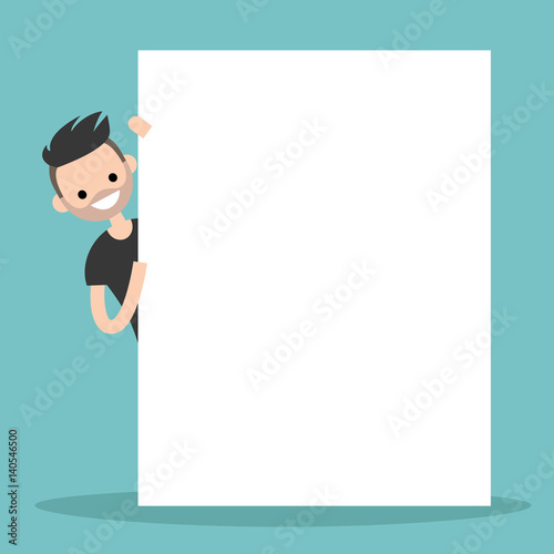 Bearded man peeping from behind a blank board mock up / Copy space. Your text here. Editable flat vector illustration, clip art