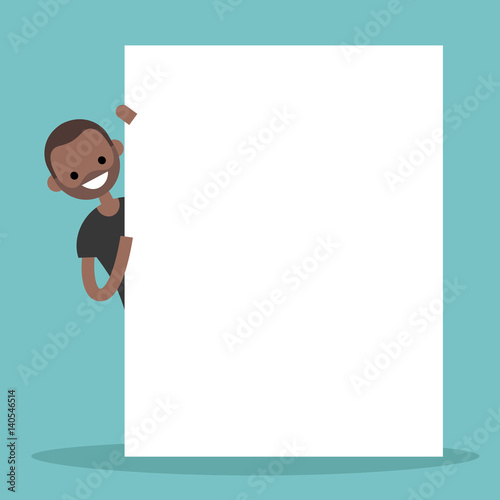 Black man peeping from behind a blank board mock up / Copy space. Your text here. Editable flat vector illustration, clip art