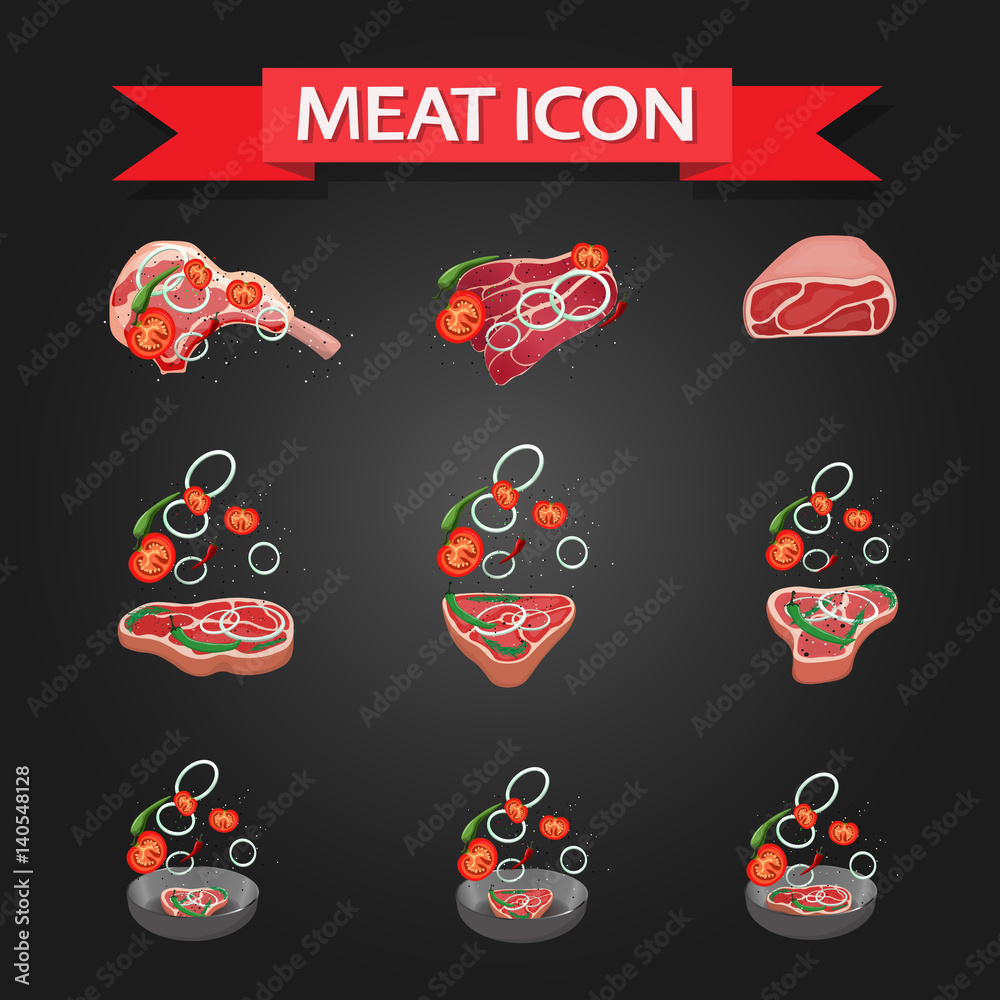 Fresh meat steak set vector isolated on dark background