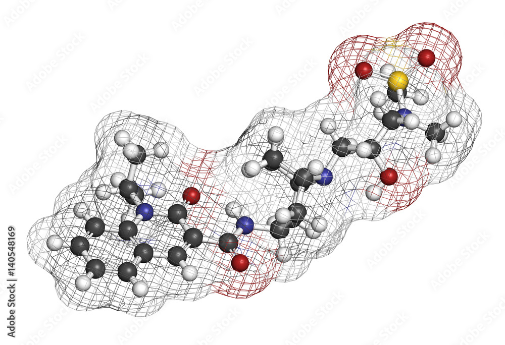 Velusetrag gastroparesis drug molecule. 3D rendering. Atoms are represented as spheres with conventional color coding.