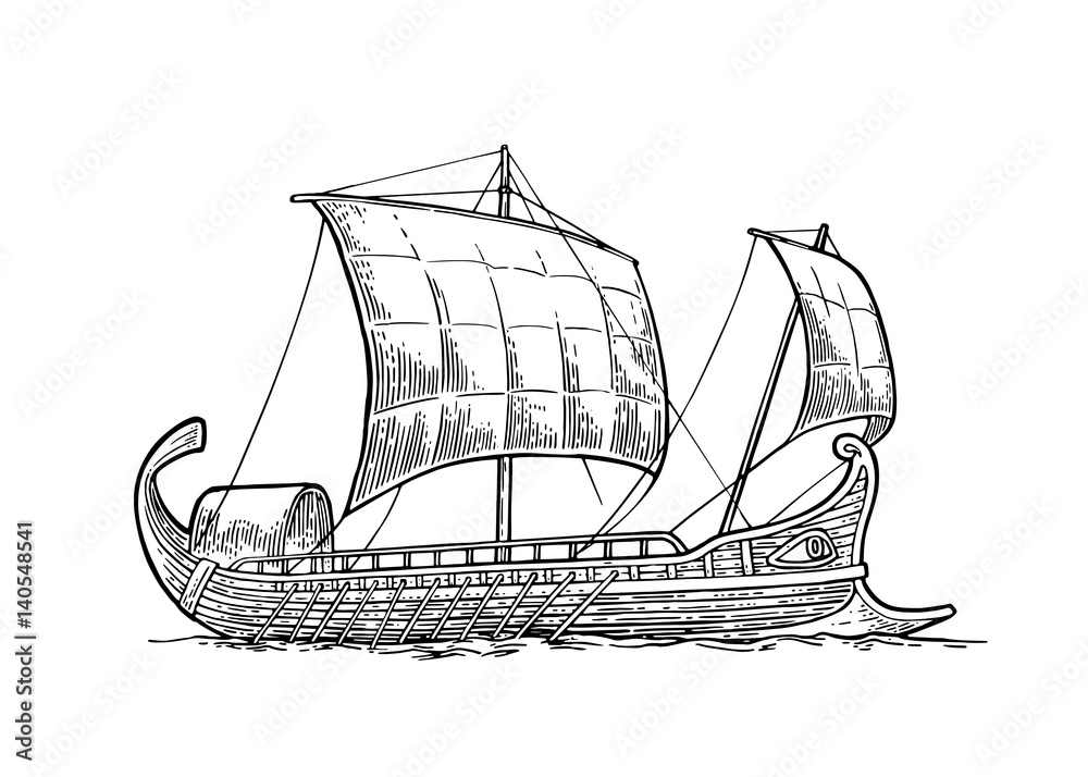 Naklejka premium Trireme floating on the sea waves. intage vector engraving illustration