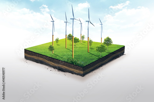 Wind power plant station. 3d illustration of a soil slice, green meadow with trees isolated on white background