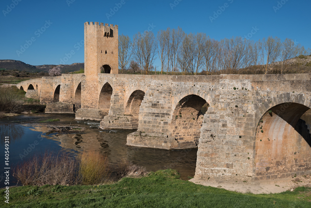 Medieval bridge over Ebro river in the ancient city of Frias, Burgos, Spain.