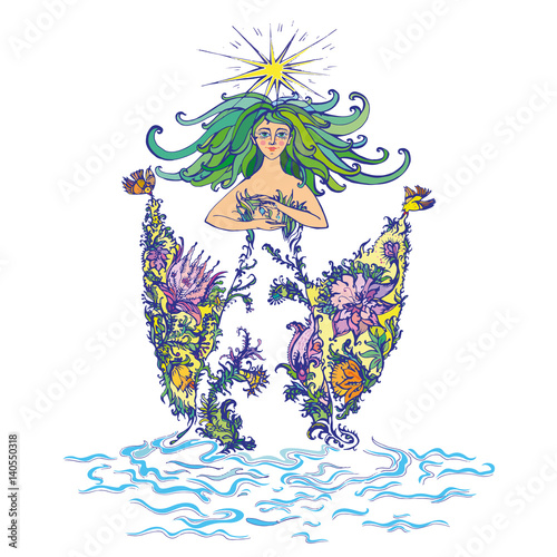 Mother nature as beautiful woman in dress of flowers with curly green hair holding lilies of the valley. Suitable for Mother Day and Earth Day pictures and cards. Vector Illustration