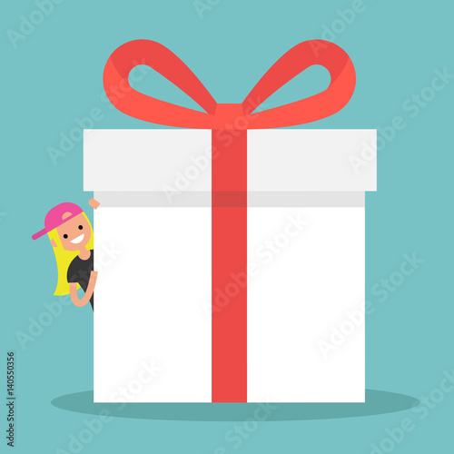 Blond girl peeping from behind a giant gift box / Copy space. Editable flat vector illustration, clip art