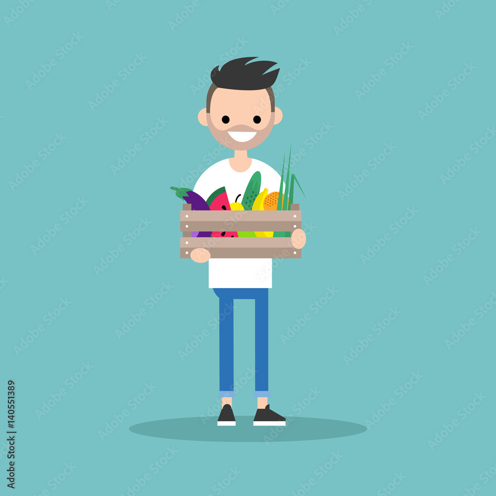Young vegetarian bearded man holding a crate full of fruits and vegetables / editable flat vector illustration, clip art Young vegetarian bearded man holding a crate full of fruits and vegetables / editable flat vector illustration, clip art