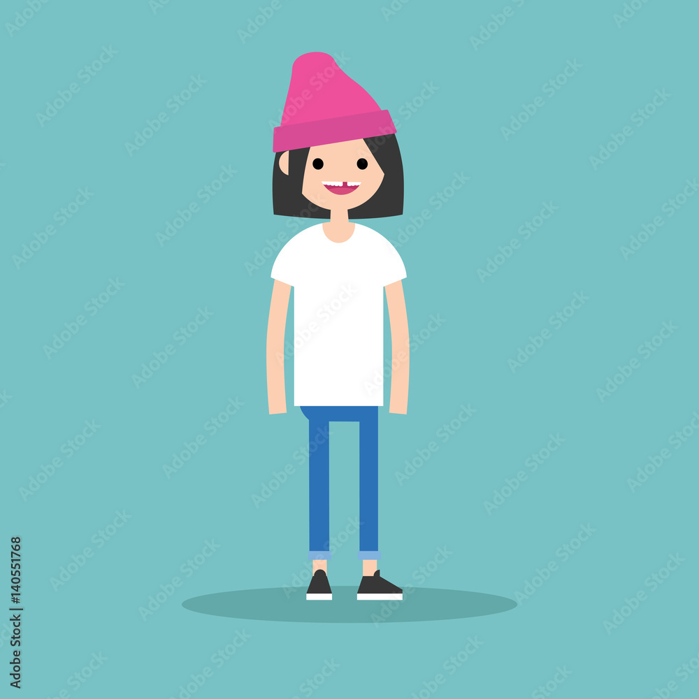 Young funny toothless brunette girl standing and smiling / flat editable vector illustration, clip art Young funny toothless brunette girl standing and smiling / flat editable vector illustration, clip art