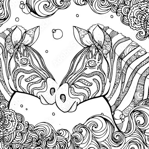 hand drawn ink doodle zebra and wave on white background. design for adults, poster, print, t-shirt, invitation, banners, flyers. sketch. vector eps 8.