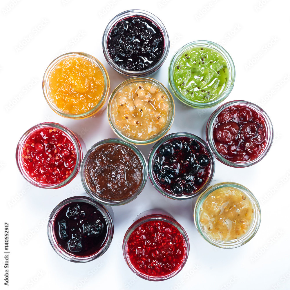 Mix of jams in jars. Homemade fruit jams Mix of jams in jars. Homemade fruit jams