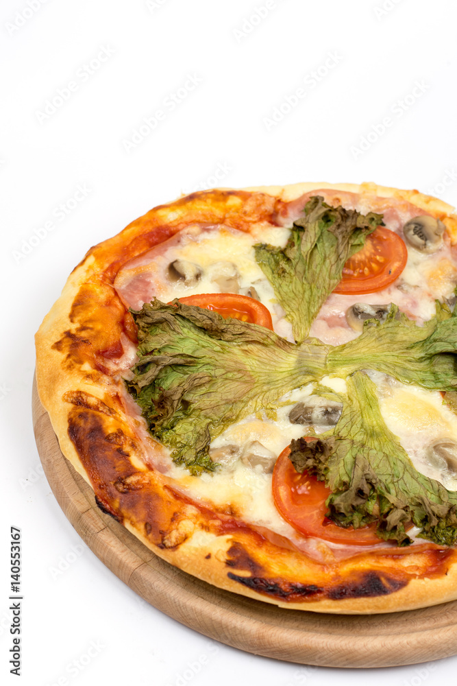 Flat lay pizza with lettuce and tomato with copy space over white background Flat lay pizza with lettuce and tomato with copy space over white background