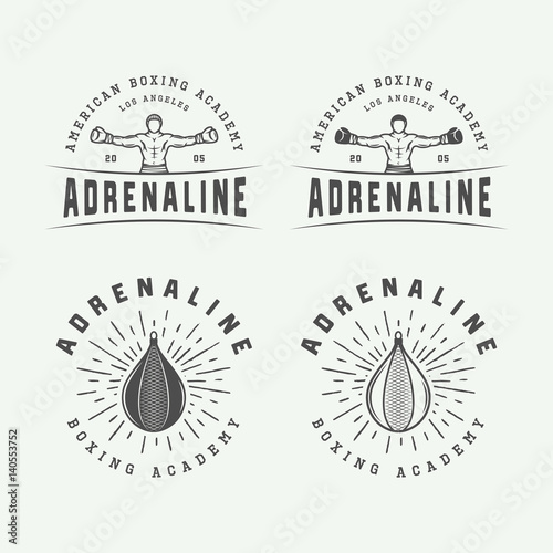 Set of vintage boxing and martial arts logo badges and labels in retro style. Monochrome graphic Art. Vector Illustration