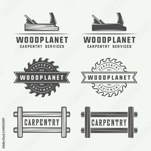 Set of vintage carpentry, woodwork and mechanic labels, badges, emblems and logo. Vector illustration. Monochrome Graphic Art.