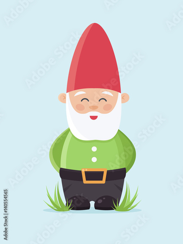 Garden Gnome on Blue Background. Flat Design Style.