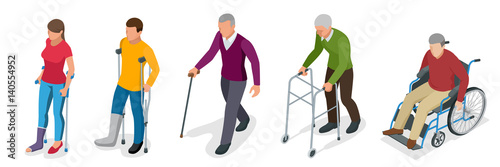 Fracture of leg or leg injury. Young and old people in a gyse with crutches, a wheelchair. Rehabilitation after trauma. Orthopedics and medicine. Flat 3d isometric illustration