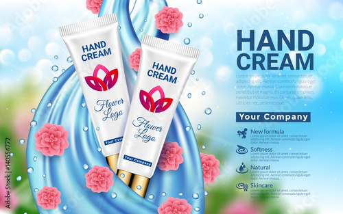 Hand Cream White Tube Blue Drop and Pink Flowers Blurred bokeh Background. Wave Jet Water. Cosmetics Advertising Gentle. Package Design Promotion New Product. 3D Vector Illustration