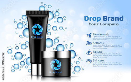 Hand Cream Black Tube and bottle on Soft White and Blue Drop Background. Excellent Cosmetics Advertising, Gentle. Package Design and logo Sale or Promotion New Product. 3D Vector Illustration