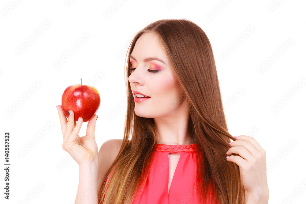 Woman charming girl colorful makeup holds apple fruit Woman charming girl colorful makeup holds apple fruit