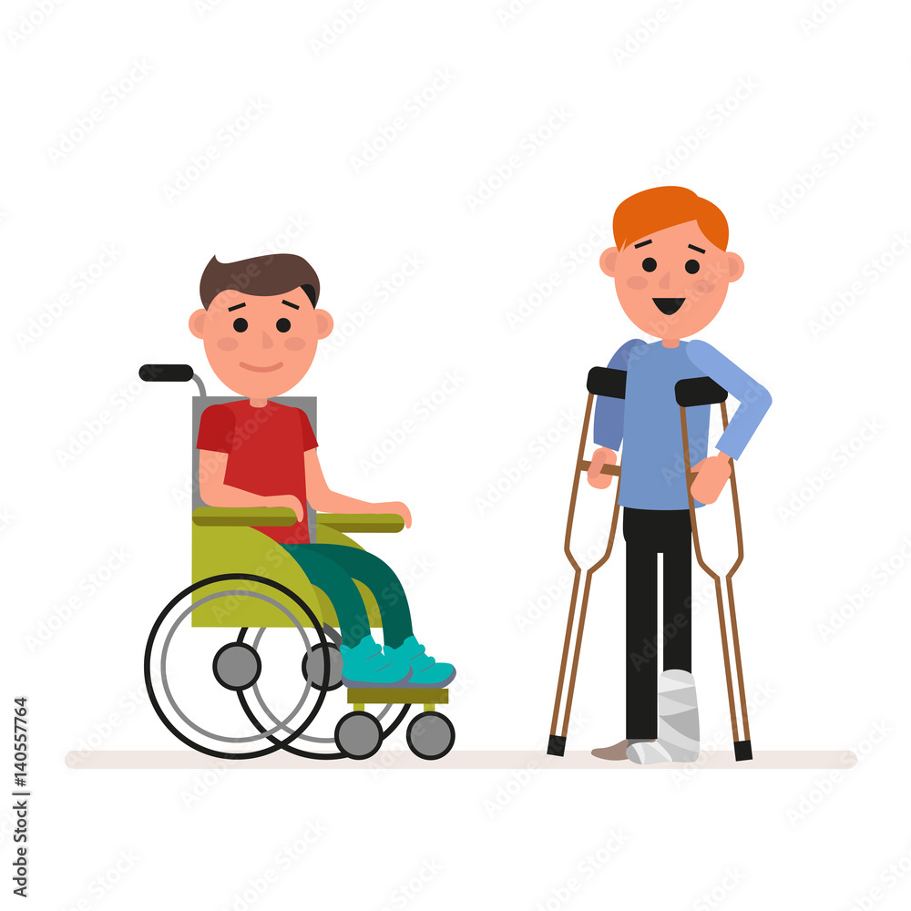 Special needs children or handicapped children. Boy is sitting in a wheelchair. Child is standing with crutches. Flat character isolated on white background. Vector, illustration EPS10. Special needs children or handicapped children. Boy is sitting in a wheelchair. Child is standing with crutches. Flat character isolated on white background. Vector, illustration EPS10.