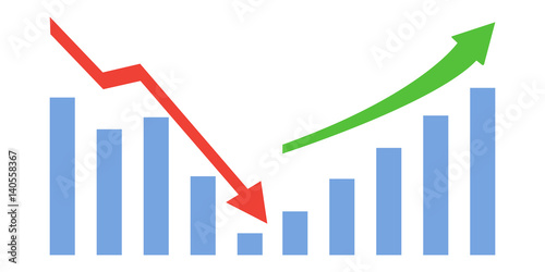 Business down and up chart with negative and positive arrow and blue bars. Vector illustration