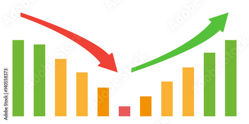 Business down and up chart with negative and positive arrow and green, orange and red bars. Vector illustration