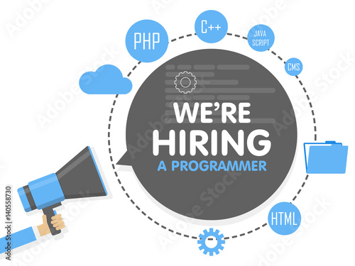 We hire a programmer. Megaphone concept vector illustration. Banner template, ads, search for employees, hiring developer or coder for work