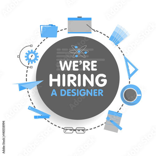 We hire a designer. Megaphone concept vector illustration. Banner template, ads, search for employees, hiring graphick artist for work