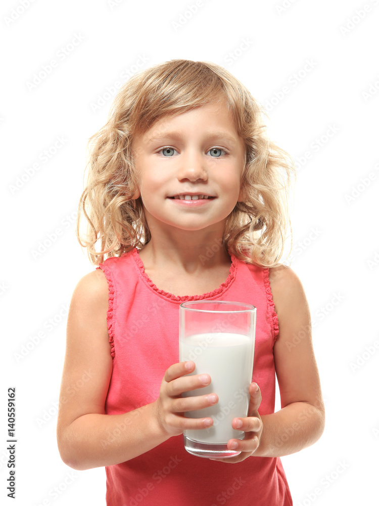 Cute little girl holding glass of milk isolated on white Cute little girl holding glass of milk isolated on white