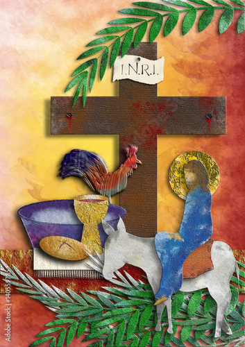 Holy week  - The passion of Jesus Christ with Entry into Jerusalem, Eucharist, washing of the feet, rooster and cross. Modern abstract textured digital illustration made without reference image. photo