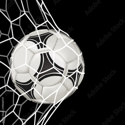 Realistic soccer ball in net isolated on black background.