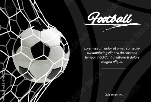 Realistic soccer ball in net isolated on black background. Classic football ball.