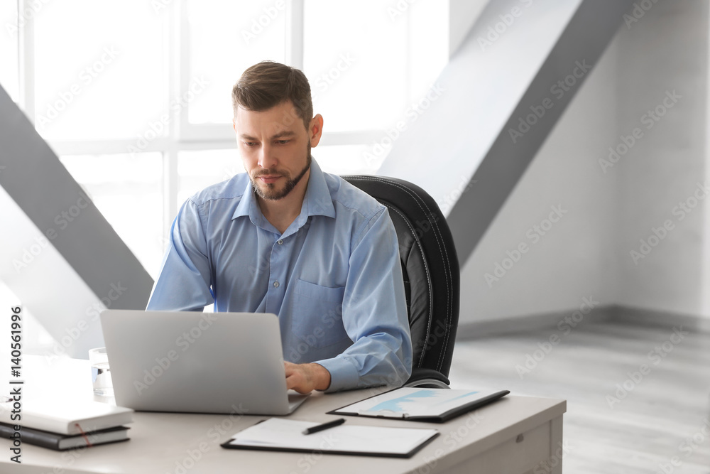 Handsome manager working with laptop in office Handsome manager working with laptop in office