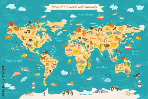 Fototapeta Mapa zwierząt dla dzieci. Światowy wektorowy plakat dla dzieci, śliczny ilustrujący. Kula ziemska w wieku przedszkolnym ze zwierzętami. Oceany i kontynent: Ameryka Południowa, Eurazja, Ameryka Północna, Afryka, Australia. Mapa świata dla niemowląt