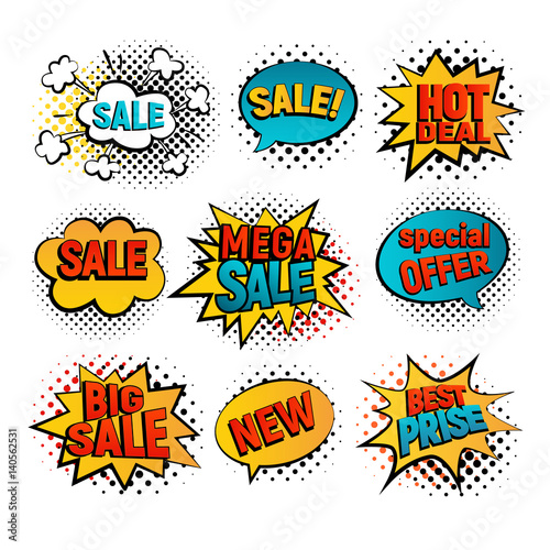 Sale pop art vector set. Big, Mega sale, Best price and Hot deal comic style. New, Special offer on spech bubble. Explosion bubbles isolated discount promotion