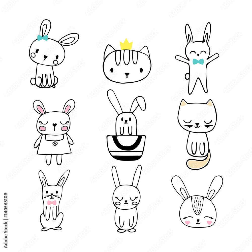 Collection of children doodles and sketches with funny animals. Set of cute hand drawn bunnies and cats Collection of children doodles and sketches with funny animals. Set of cute hand drawn bunnies and cats