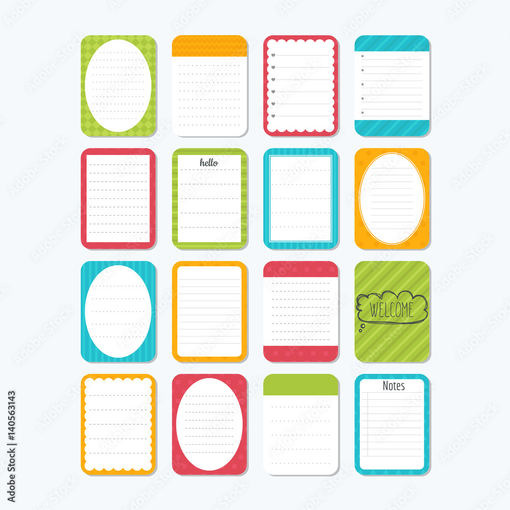 Collection of various note papers. Template for notebooks. Notes, labels, stickers. Cute design elements Collection of various note papers. Template for notebooks. Notes, labels, stickers. Cute design elements